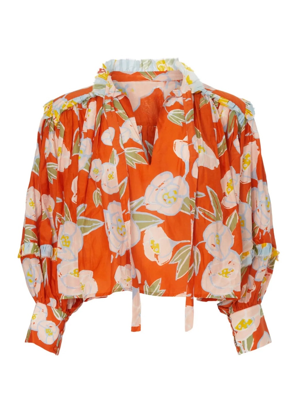 Fiore Floral Cotton-Silk Neck-Tie Blouse